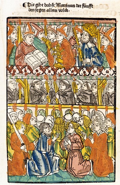 Påven Martin V (1368 - 1431) vald vid konciliet i Konstanz (1417) genom att avsluta den stora schismen i väst utför välsignelsen. "Das concilium" av Unknown artist