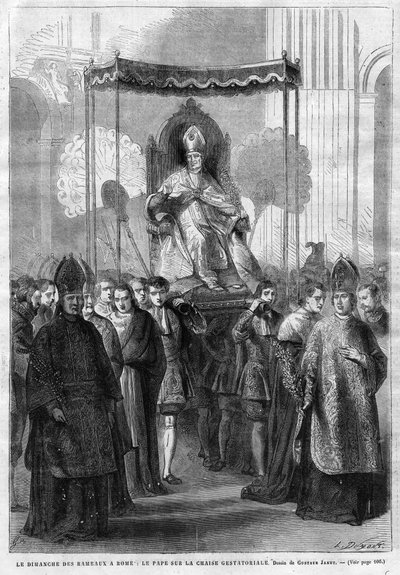 Påve Pius IX (1835-1914) om sedia gestatoria - Palmsöndagen i Rom: Påven Pius IX (Pius Pio 9) på gestatorisk stol - teckning av Gustave Janet - The Illustrative Diary of 1868 av Unknown artist