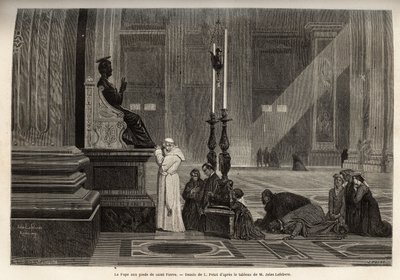 Påven Pius IX (pio 9) (1792-1878) samlad vid foten av statyn av St. Peter, vid ingången till basilikan, i Vatikanen. Gravyr för att illustrera Romberättelsen, av Francis Wey, 1864-1868, publicerad i "" le tour du monde", redigerad av D