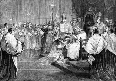 Påven Pius IX överlämnade kardinalens hatt till prins Lucien Bonaparte 1868. av Unknown artist