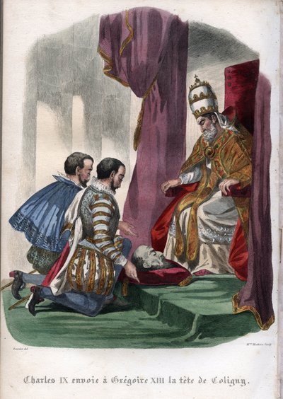 Påven påven Gregorius XIII (1502-1585) tar emot huvudet av Gaspard de Coligny (1519-1572), mördad på massakern på S:t Bartolomeusdagen 1572, som en gåva från kung Karl IX av Frankrike (1550-1574). av Unknown artist