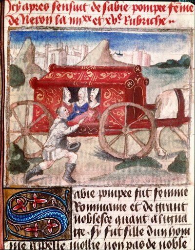 Poppee, hustru till den romerske kejsaren Nero, tar emot en miniatyrbudbärare från "The Book of Light and Noble Women"" av Giovanni Boccaccio dit Jean Boccaccio (1313-1375) av Unknown artist