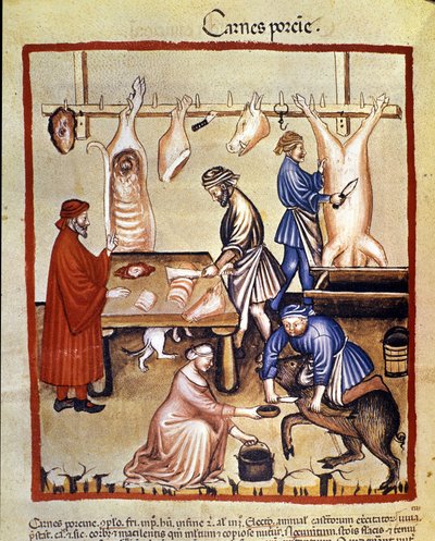 Fläskproduktion. Grisen slaktas och slaktarna skär bitarna. Belysning från mjölkning av medicin och diet "" Tacuinum sanitatis"" av Unknown artist
