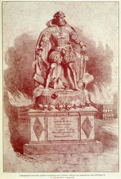 Porträttladdning av Filip II på den spanska inkvisitionen - gravyr av Unknown artist