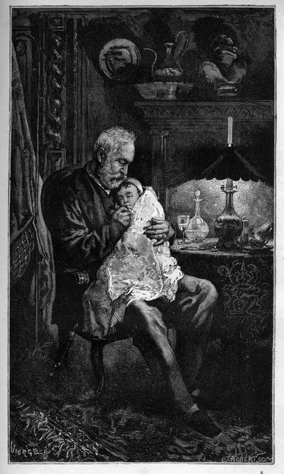 Porträtt av Victor Hugo, sittande med barnbarnet Jeanne - gravyr från "" Det fruktansvärda året"" ("Det fruktansvärda året") - Hugo et l