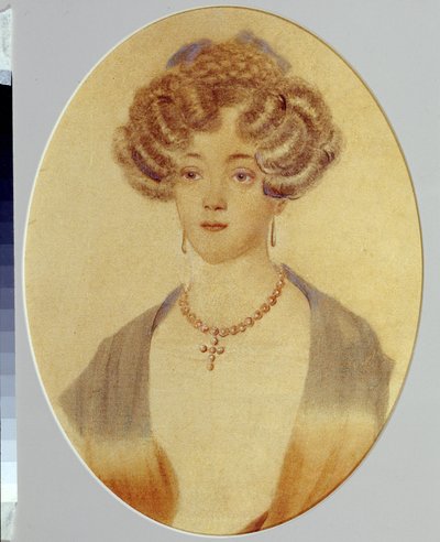 Porträtt av Ekaterina Nikolayevna Goncharova (1809-1843). Svägerska till Alexander Pushkin (1799-1837). Anonymt verk, akvarell på papper av Unknown artist