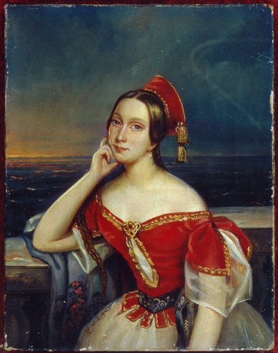Porträtt av ballerinan Marie Taglioni (1804-1884) (Porträtt av ballerinan M. Taglioni). Anonym målning, olja på duk. 1800-talsporträtt, romantik. State Central A. Bakhrushin Theatre Museum, Moskva. av Unknown artist