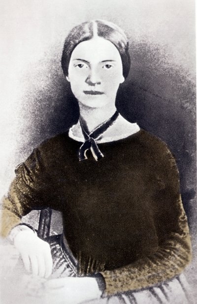 Porträtt av den amerikanska poeten Emily Dickinson (1830-1886) från ett fotografi cirka 1846-1847 av Unknown artist