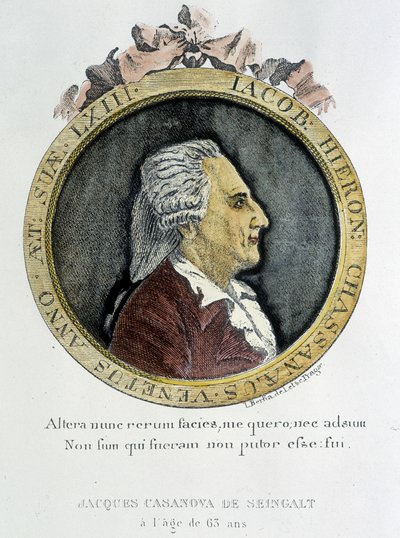 Porträtt av Casanova (1725 - 1798) - porträtt i frontispice, i ""Historia om min flykt från fängelserna i Republiken Venedig"", skrivet till Dux i Böhmen av Unknown artist