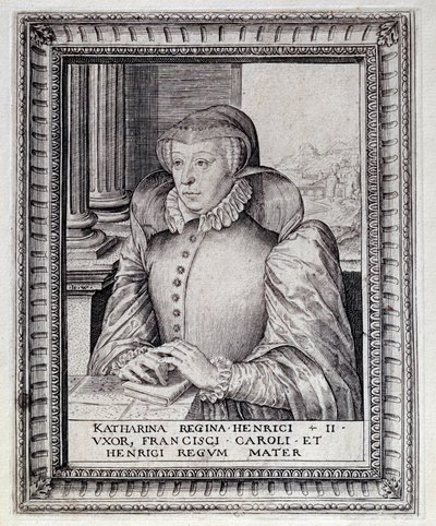 Porträtt av Catherine de Medicis (Caterina de Medici) (1519-1589), Frankrikes drottning. Gravyr av 1500-talet. Pau, Musée du Chateau av Unknown artist
