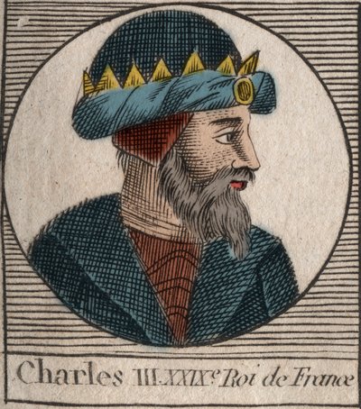 Porträtt av Karl III säger den enkla (879-929) kungen av frankerna - CHARLES III (879-929) - Karl den enkle - kung av Frankrike, 893-923 - gravyr från "Instruction sur l