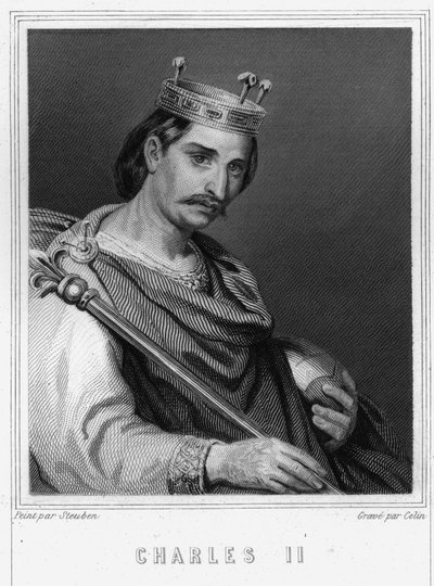 Porträtt av Karl II den skallige (823 - 877), kung av Frankrike - i "Histoire des Français"" av Lavallée, gravyr, sd. av Unknown artist