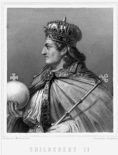 Porträtt av Childebert II (v. 570 - 596), kung av Austrasien - i "Histoire des Français"" av Lavallée, gravyr, sd. av Unknown artist