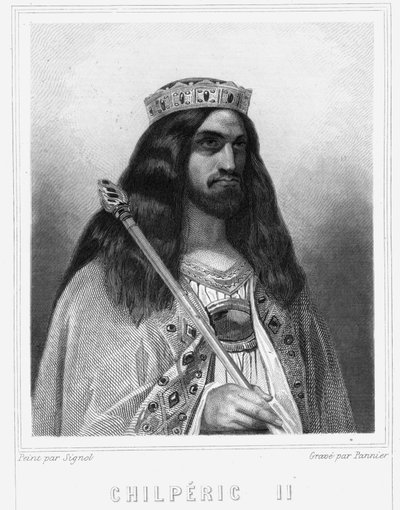 Porträtt av Childeric III (v. 670 - 721), kung av Neustrien - i "Histoire des Francais"" av Lavallee, gravyr, sd. av Unknown artist