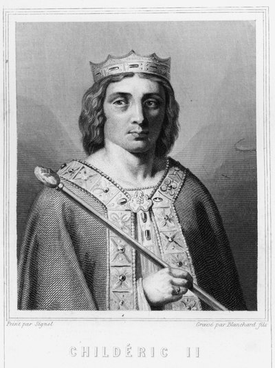 Porträtt av Childeric II (v. 653 - 675), kung av Austrasien - i "Histoire des Français"" av Lavallée, gravyr, sd. av Unknown artist