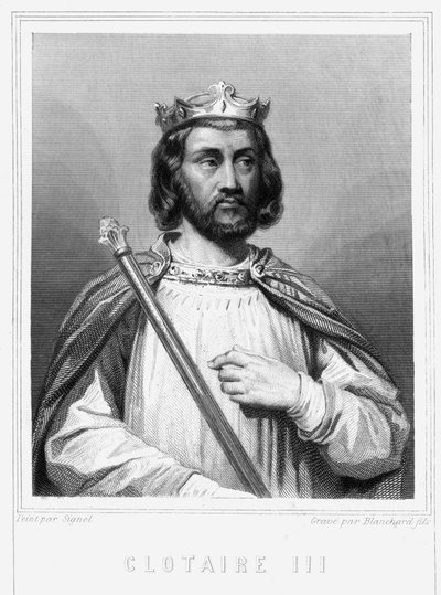 Porträtt av Clotaire (Clothaire) III (652 - 673), kung av Neustrien och Bourgogne - i "Histoire des Français"" av Lavallée, gravyr, sd. av Unknown artist