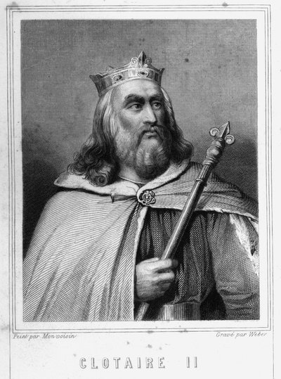 Porträtt av Clotaire (Clothaire) II (584 - 628), kung av Neustrien och kung av frankerna - i "Histoire des Français"" av Lavallée, gravyr, sd. av Unknown artist