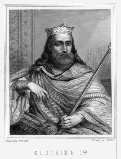 Porträtt av Clotaire (Clothaire) I (497 - 561), kung av Neustrien och kung av frankerna - i "Histoire des Français"" av Lavallée, gravyr, sd. av Unknown artist