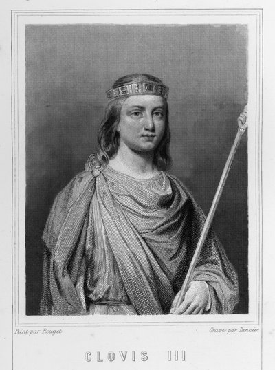 Porträtt av Clovis III (? - 695), kung av Austrasien - i "" Histoire des Français"" av Lavallée, gravyr, sd. av Unknown artist