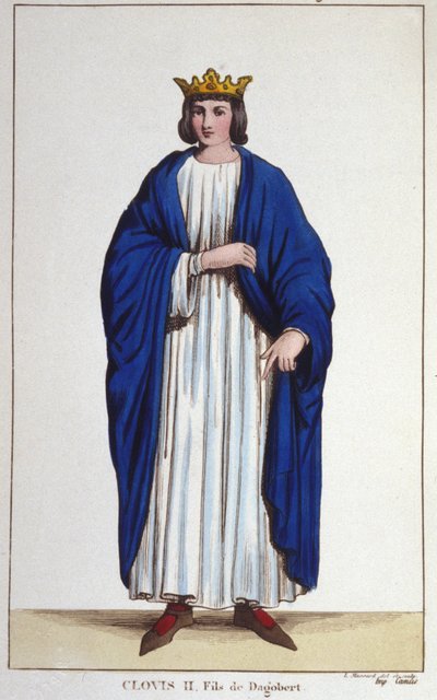 Porträtt av Clovis II (? - 657), kung av Neustrien, Bourgogne och Austrasien gravyr från 1830 av Unknown artist