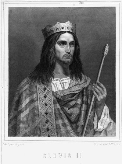 Porträtt av Clovis II (? - 657), kung av Neustrien, Bourgogne och Austrasie - i "" Histoire des Français"" av Lavallée, gravyr, sd. av Unknown artist