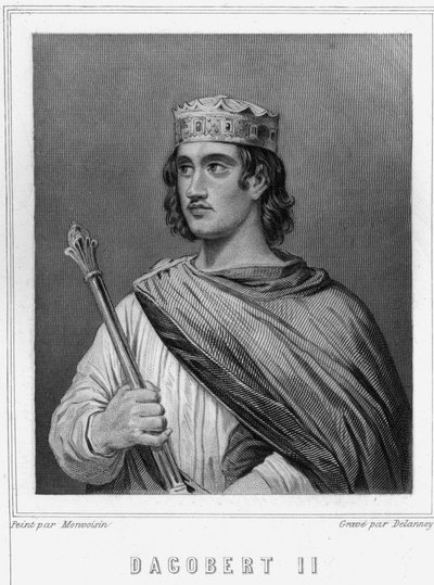 Porträtt av Dagobert II (? -?), kung av Austrasien - i "" Histoire des Français"" av Lavallée, gravyr, sd. av Unknown artist