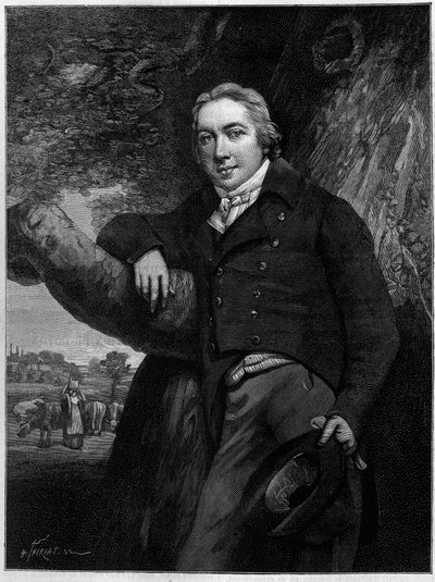 Porträtt av Edward Jenner (1749-1823), engelsk läkare och naturforskare, uppfinnare av smittkoppsvaccin. Från en tidstypisk gravyr. Gravyr i "" La Nature: revue des sciences et de leurs applications aux arts et a l