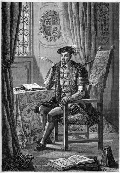 Porträtt av Edward VI (1537-53) - Porträtt av kung Edward VI av England och Irland (1537-1553) som skriver sin dagbok - gravyr i "L
