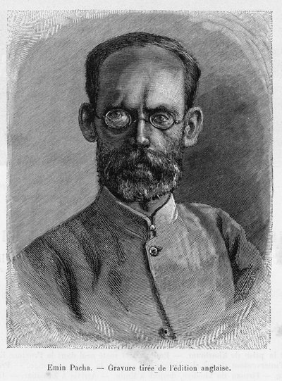 Porträtt av Emin Pasha (Isaak Eduard Schnitzer 1840-1892), läkare, naturforskare, upptäcktsresande och guvernör i den egyptiska provinsen Ekvatorien. Gravyr, för att illustrera berättelsen Dans les shadbres de l