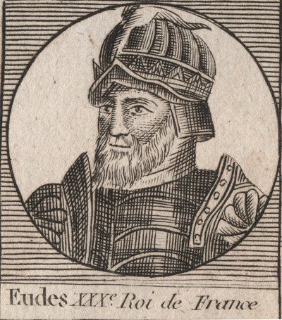Porträtt av Eudes (Odon) (v. 860 - 898), greve av Paris och Troyes, då kung av Frankrike - EUDES greve av Paris vald till fransk tron efter avsättningen av kejsaren Karl - gravyr från "Instruction sur l