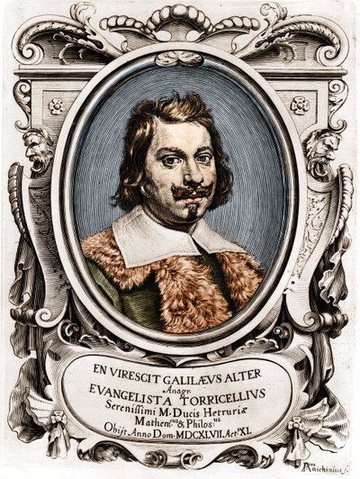 Porträtt av Evangelista Torricelli eller Toricelli (1608 - 1647), italiensk fysiker. Gravyr från 1600-talet. av Unknown artist