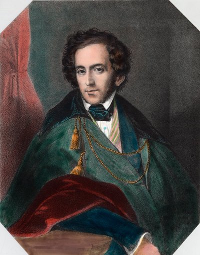 Porträtt av Felix Mendelssohn (1809 - 1847), tysk dirigent och kompositör. Gravyr av 1800-talet. Privat samling. av Unknown artist