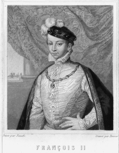 Porträtt av Francois II (1544 - 1560), kung av Frankrike - i "Histoire des Français"" av Lavallée, gravyr, sd. av Unknown artist