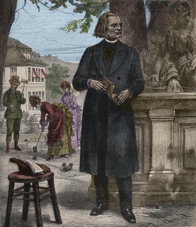 Porträtt av Franz Liszt (1811-1886), ungersk kompositör, pianist och dirigent (Franz Liszt, ungersk kompositör, pianist och dirigent) gravering i "" Popular Music """ berömda veckotidning - 1882 av Unknown artist