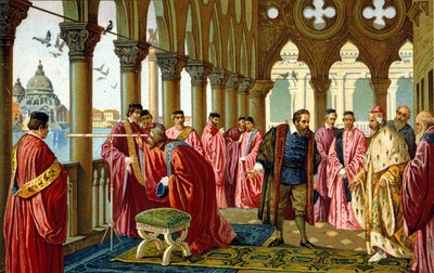 Porträtt av Galileo Galilei dit Galileo (1564 - 1642) visar den långa utsikten för dogen i hans hertigpalats i Venedig. av Unknown artist