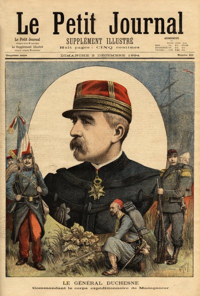 Porträtt av general Jacques Charles Duchesne (1837-1918), befälhavare för de väpnade styrkorna som skickades till Madagaskar 1894, tog han Tananarive. Gravyr i "" Le petit journal"" 1894-12-3. Selvas samling. av Unknown artist