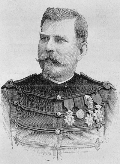 Porträtt av general Joseph Joffre (1852 - 1931). Gravyr från slutet av 1800-talet i "Histoire de France"" av H. Martin. av Unknown artist
