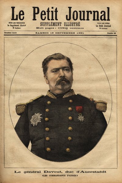 Porträtt av general Leopold Davout, hertig av Auerstaedt (1829-1904), stabschef för franska Armee, som deltog i katastrofen under det fransk-preussiska kriget (1870) av Napoleon III (1808-1873). Gravyr i "" Le petit journal"" 1891-09-17. Selvas c av Unknown artist