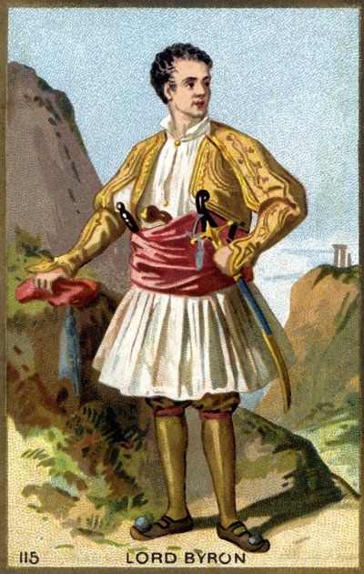Porträtt av George Gordon Noel, 6:e baron Byron, Lord Byron (1788 - 1824) klädd i grekiska. Kromolitografi av 1800-talet. av Unknown artist