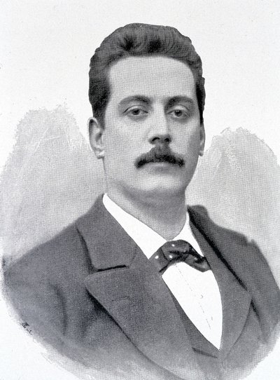 Porträtt av Giacomo Puccini, italiensk kompositör (1858-1924), gravyr från 1800-talet. av Unknown artist