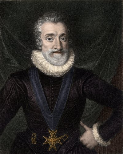 Porträtt av Henrik IV (1553-1610) Kung av Frankrike, med halsbandet av den Helige Andes ordens insignier (Den Helige Andes Orden) - Henrik IV (Henry av Navarra eller Bourbon) (1553-1610), med insignierna för den Helige Andes Orden - gravyr av Unknown artist