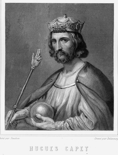 Porträtt av Hugues I Capet (v. 941 - 996), hertig av Frankrike och sedan kung av Frankrike - i "Histoire des Français"" av Lavallée, gravyr, sd. av Unknown artist