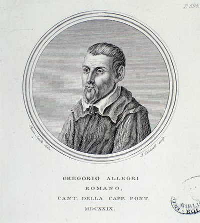 Porträtt av den italienske kompositören Gregorio Allegri (1582-1652) Gravyr. 1629. Bologna, medborgarbibliografiskt museum av Unknown artist