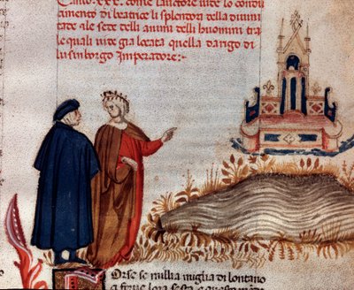 Porträtt av den italienska poeten Dante Alighieri med Vergilius tittar på Henrik VII:s tron (sång 20 från Paradiset, i den gudomliga komedin) - Miniatyr av Unknown artist