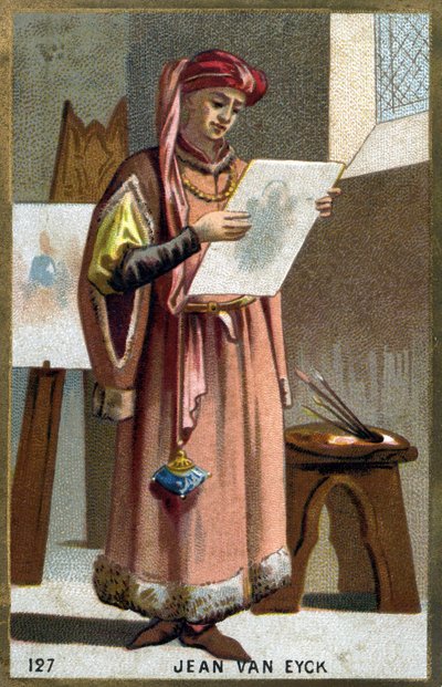 Porträtt av Jan Van Eyck (1390 -1441) flamländsk målare - huvudbonad av en liripipion. Kromolitografi av 1800-talet. av Unknown artist