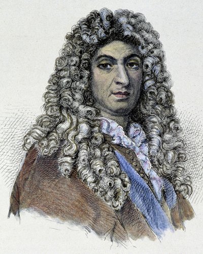 Porträtt av Jean Baptiste Lully (Giovanni Battista Lulli) (1632-1687) - gravyr av Unknown artist