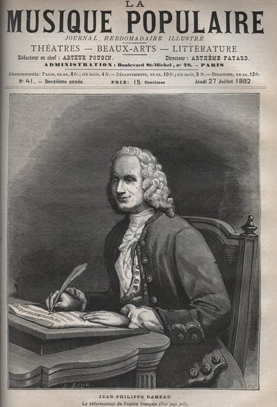 Porträtt av Jean Philippe Rameau (1683-1764) - Porträtt av Jean-Philippe (Jean Philippe) Rameau (1683-1764), fransk kompositör - gravyr i den berömda veckotidningen "La musique populaire"" - 1882 av Unknown artist