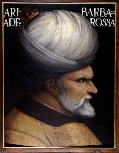 Porträtt av Khayr Al-Din Barberousse (1476 -1546), grundare med sin bror av Regency of Algiers, han var den osmanska sultanens vasall och Frankrikes allierade mot Karl V. 1500-talsmålning. Uffizimuseet, Florens. av Unknown artist
