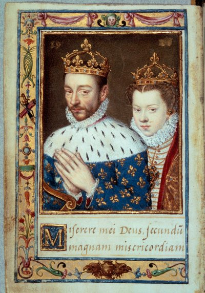 Porträtt av kung Karl IX (1550-1574) och Elisabet av Österrike (1554-1592) Frankrikes drottning Manuskriptsida av "Timmeboken av Catherine de Medicis" (Caterina de Medici) 1500-talets Paris, B.N. av Unknown artist