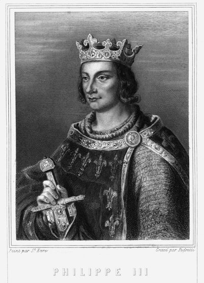 Porträtt av kung Filip III av Frankrike, känd som Philip the Hardi (1245-1285) (Kapetian dynasti). Philippe III, kung av Frankrike. Filip III den djärve (1245-1285) - i "" Histoire des Français"" av Lavallée, gravyr, sd. av Unknown artist